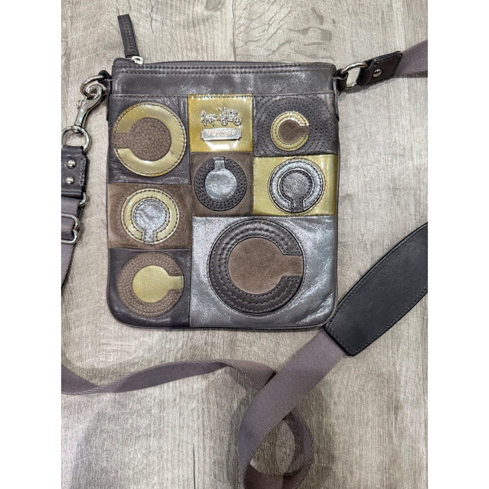 Coach‎ Poppy Patchwork Crossbody Bag Grey Metallic Leather Suede 44299